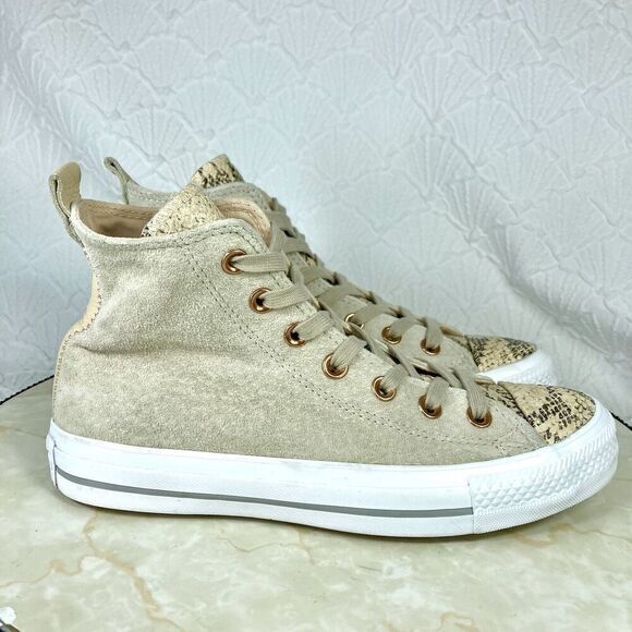 Converse High Top Sneakers Womens Size 7 Beige Suede Snakeprint Streetwear Shoes - Picture 2 of 12